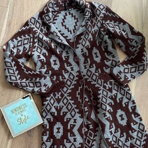 Ethyl Aztec Southwestern Geometric Patterned Brown and Gray Cardigan
